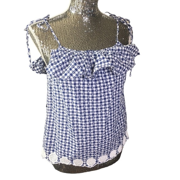J.Crew Gingham plaid checkered ruffle eyelet tie shoulder top size 6 blue white - Picture 1 of 7